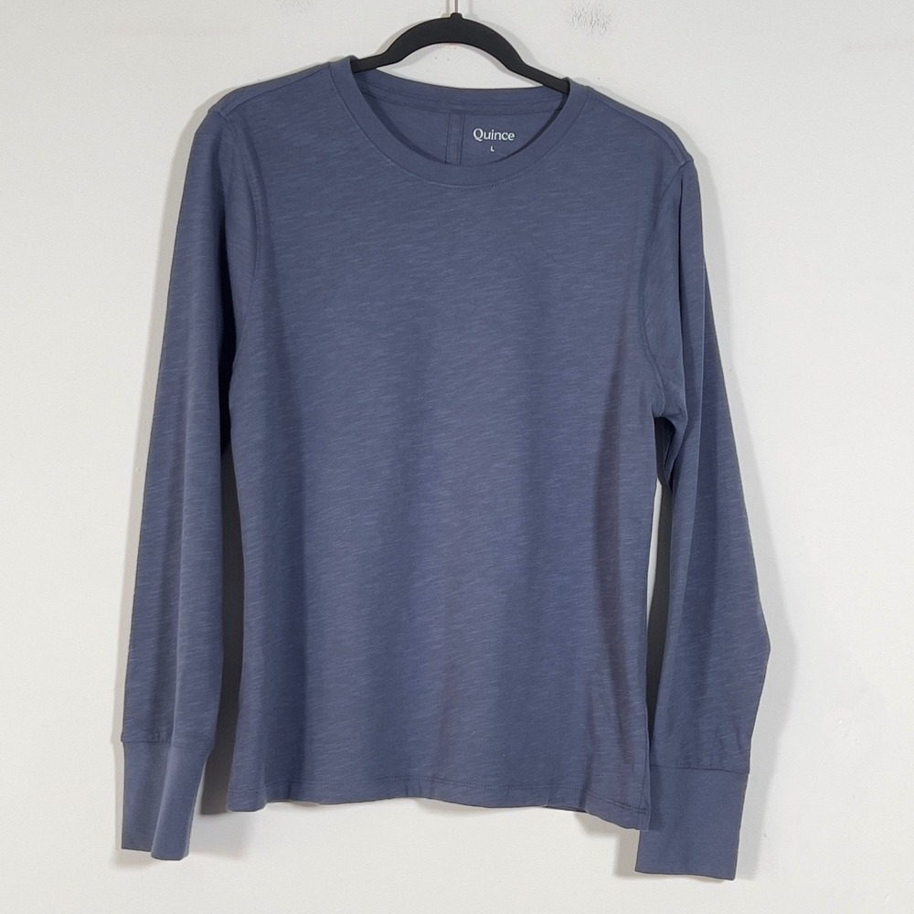 Quince Crew Neck Tee Women Sz L Blue Organic Cotton Slub Long Sleeve Top